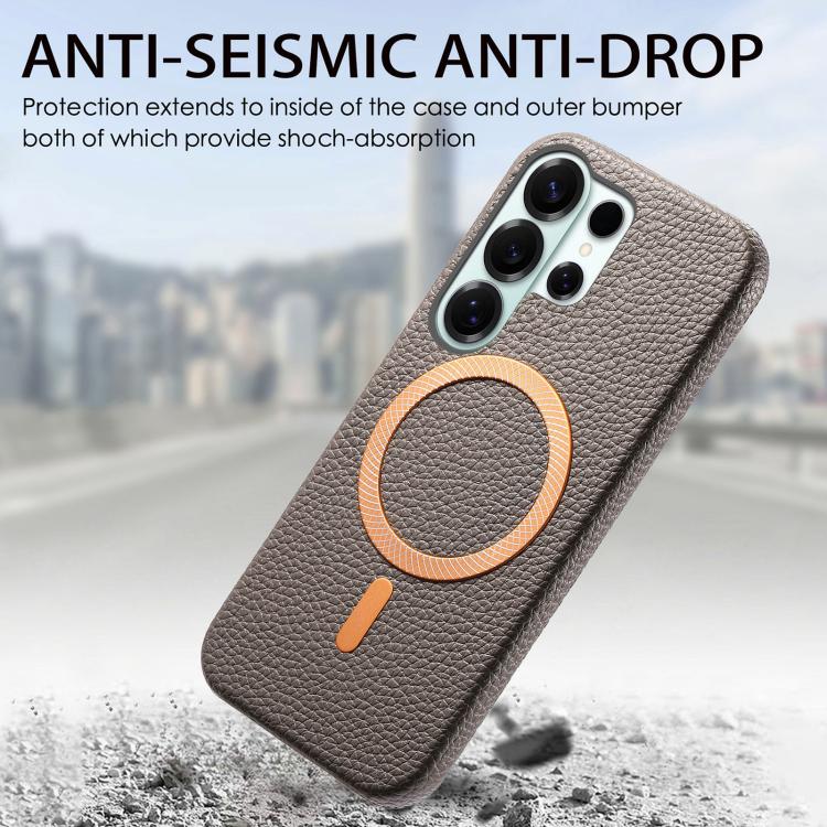 For Galaxy S25 Ultra 5G Litchi Texture Brushed MagSafe PU Back Cover Phone Case