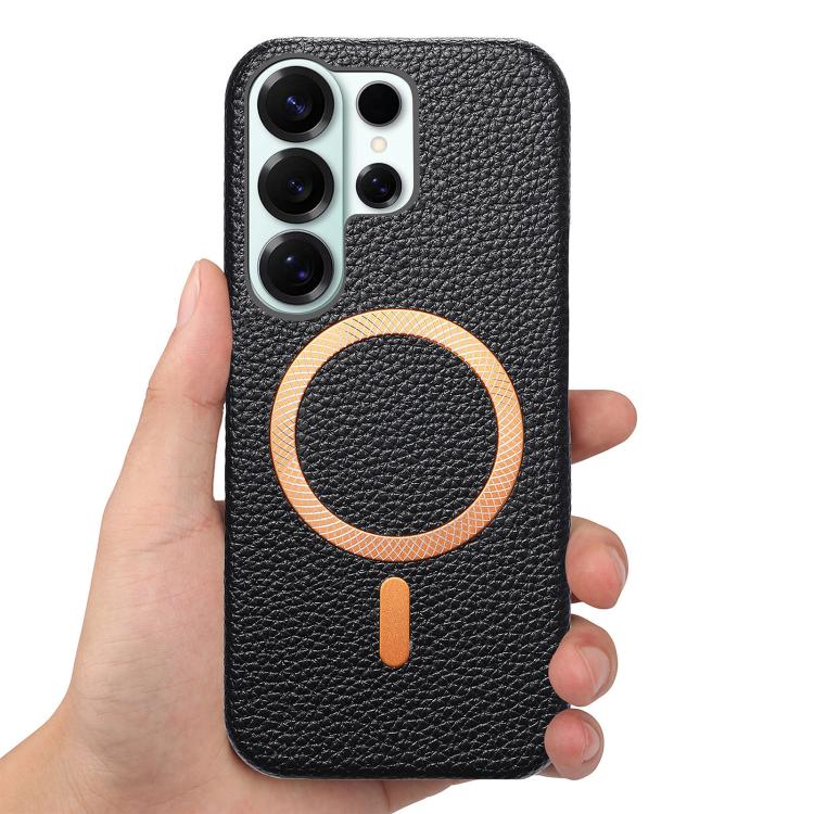 For Galaxy S25 Ultra 5G Litchi Texture Brushed MagSafe PU Back Cover Phone Case