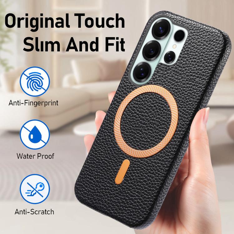 For Galaxy S25 Ultra 5G Litchi Texture Brushed MagSafe PU Back Cover Phone Case
