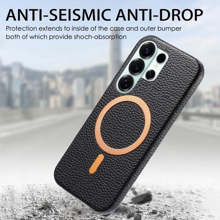 For Galaxy S25 Ultra 5G Litchi Texture Brushed MagSafe PU Back Cover Phone Case
