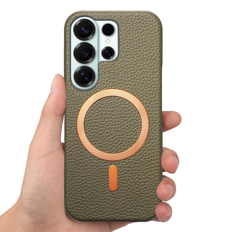 For Galaxy S25 Ultra 5G Litchi Texture Brushed MagSafe PU Back Cover Phone Case