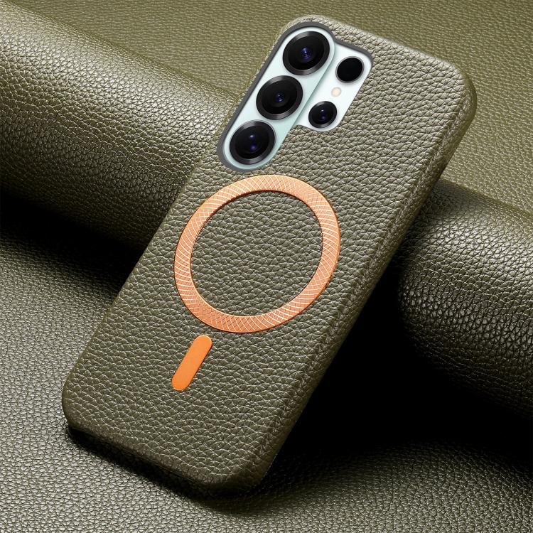 For Galaxy S25 Ultra 5G Litchi Texture Brushed MagSafe PU Back Cover Phone Case