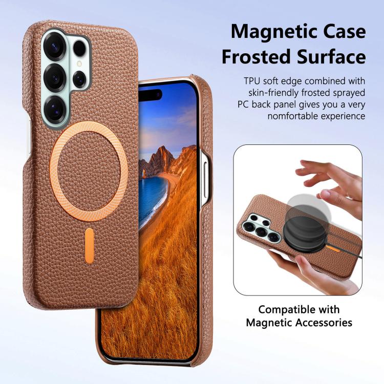 For Galaxy S25 Ultra 5G Litchi Texture Brushed MagSafe PU Back Cover Phone Case