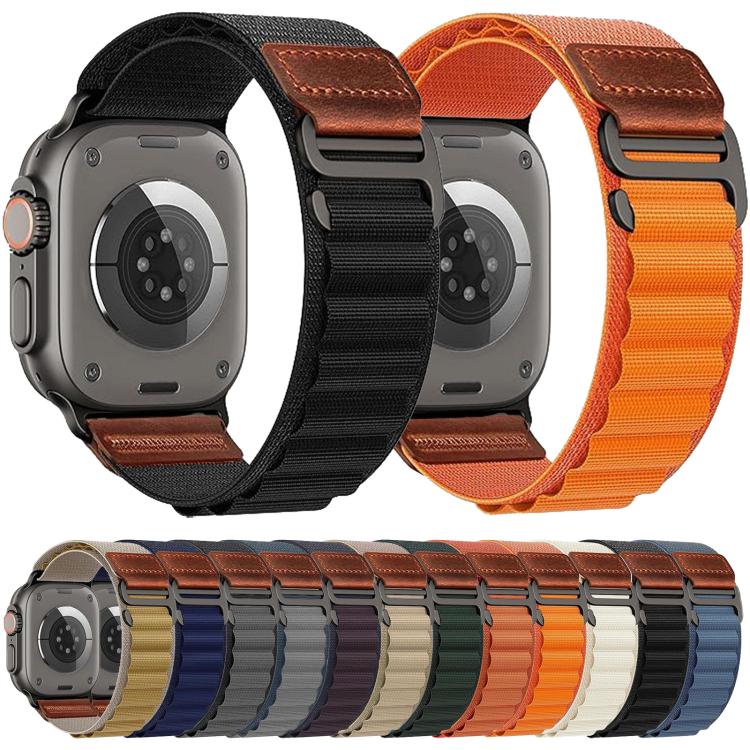 For Apple Watch 46mm / 49mm / 45mm / 44mm Retro Vegan Leather Label Alpine Nylon Loop Watch Band