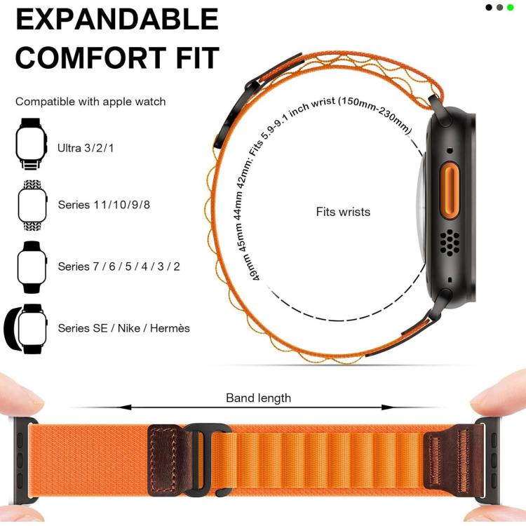 For Apple Watch 46mm / 49mm / 45mm / 44mm Retro Vegan Leather Label Alpine Nylon Loop Watch Band