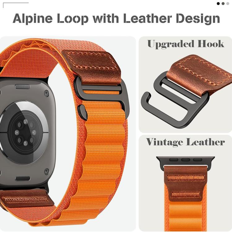For Apple Watch 46mm / 49mm / 45mm / 44mm Retro Vegan Leather Label Alpine Nylon Loop Watch Band