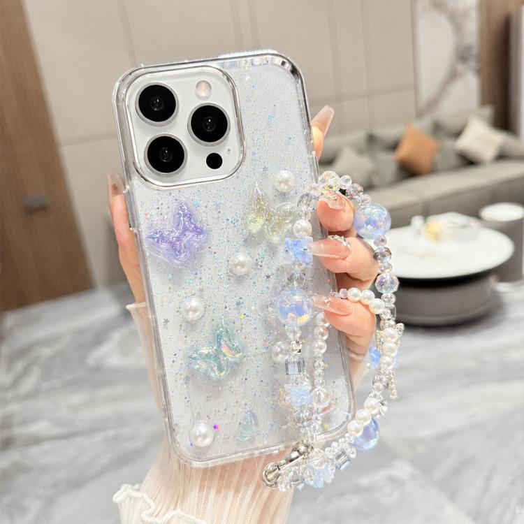 For iPhone 16 Pro Max 3D Four-Butterfly Glitter Epoxy TPU Phone Case with Bracelet Chain