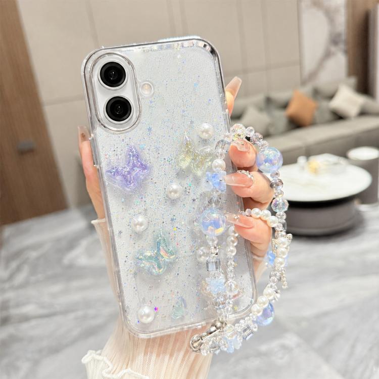 For iPhone 16 Plus 3D Four-Butterfly Glitter Epoxy TPU Phone Case with Bracelet Chain