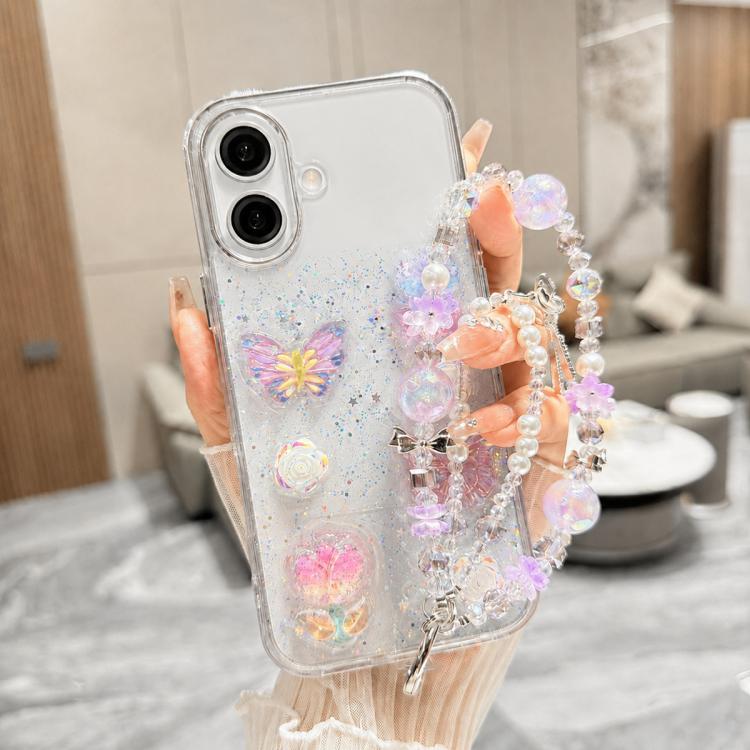 For iPhone 16 3D Four-Butterfly Glitter Epoxy TPU Phone Case with Bracelet Chain