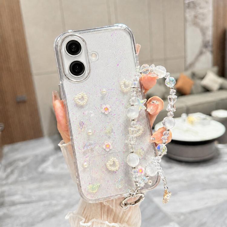 For iPhone 16 3D Four-Butterfly Glitter Epoxy TPU Phone Case with Bracelet Chain