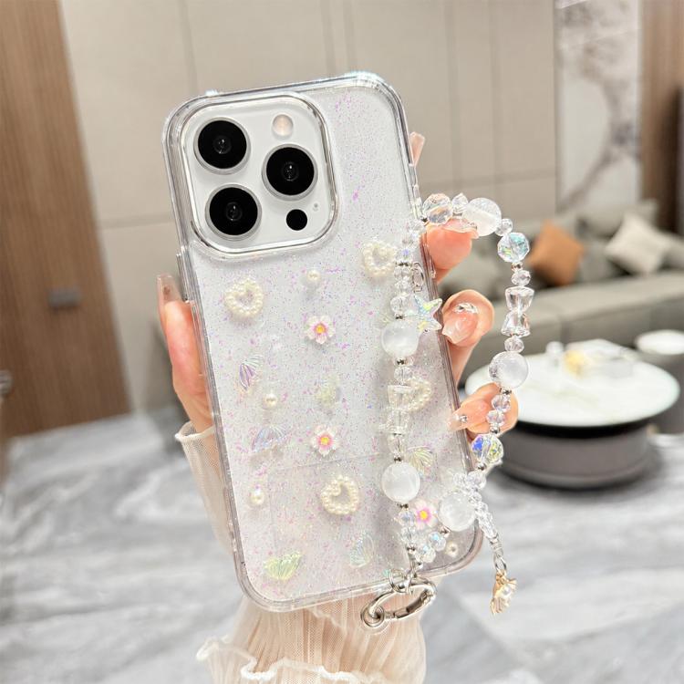 For iPhone 15 Pro Max 3D Four-Butterfly Glitter Epoxy TPU Phone Case with Bracelet Chain