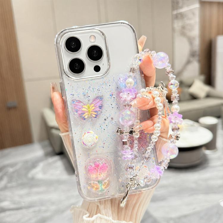 For iPhone 15 Pro 3D Four-Butterfly Glitter Epoxy TPU Phone Case with Bracelet Chain