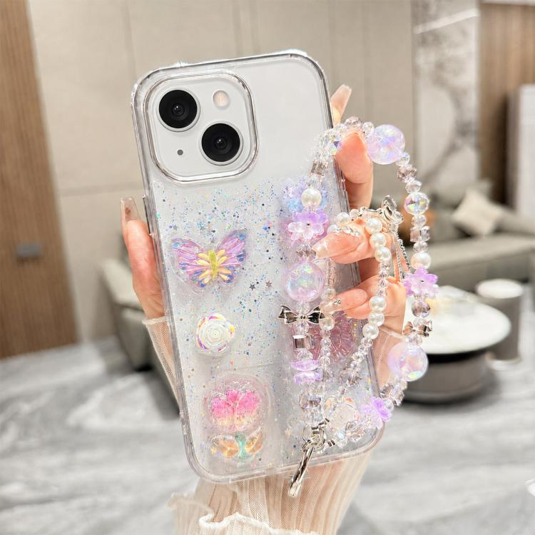 For iPhone 15 Plus 3D Four-Butterfly Glitter Epoxy TPU Phone Case with Bracelet Chain