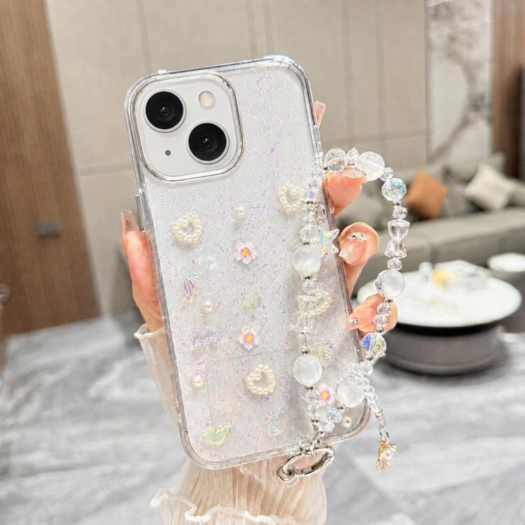 For iPhone 15 Plus 3D Four-Butterfly Glitter Epoxy TPU Phone Case with Bracelet Chain