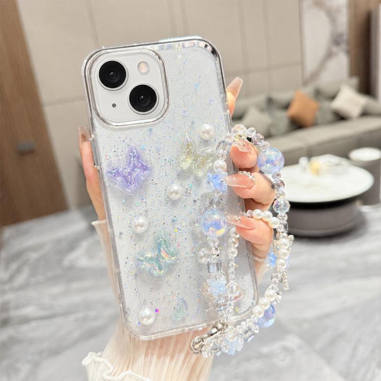 For iPhone 15 3D Four-Butterfly Glitter Epoxy TPU Phone Case with Bracelet Chain