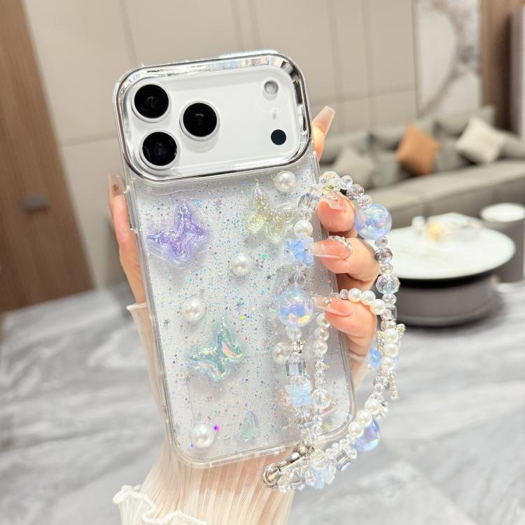 For iPhone 17 Pro Max 3D Four-Butterfly Glitter Epoxy TPU Phone Case with Bracelet Chain