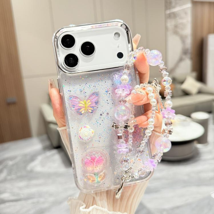 For iPhone 17 Pro Max 3D Four-Butterfly Glitter Epoxy TPU Phone Case with Bracelet Chain