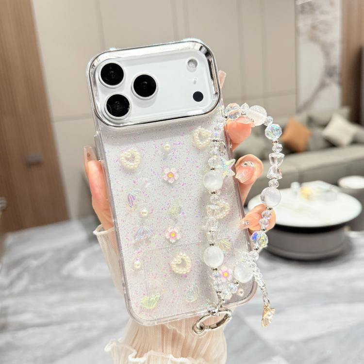 For iPhone 17 Pro Max 3D Four-Butterfly Glitter Epoxy TPU Phone Case with Bracelet Chain