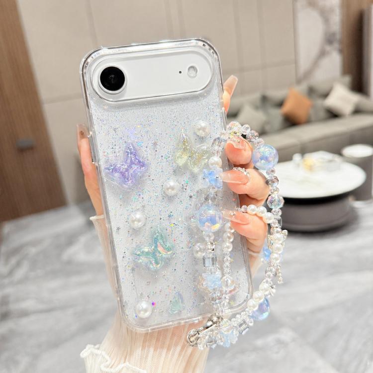 For iPhone Air 3D Four-Butterfly Glitter Epoxy TPU Phone Case with Bracelet Chain
