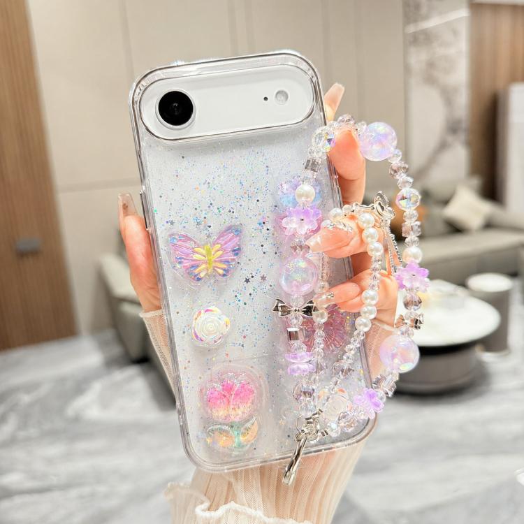 For iPhone Air 3D Four-Butterfly Glitter Epoxy TPU Phone Case with Bracelet Chain