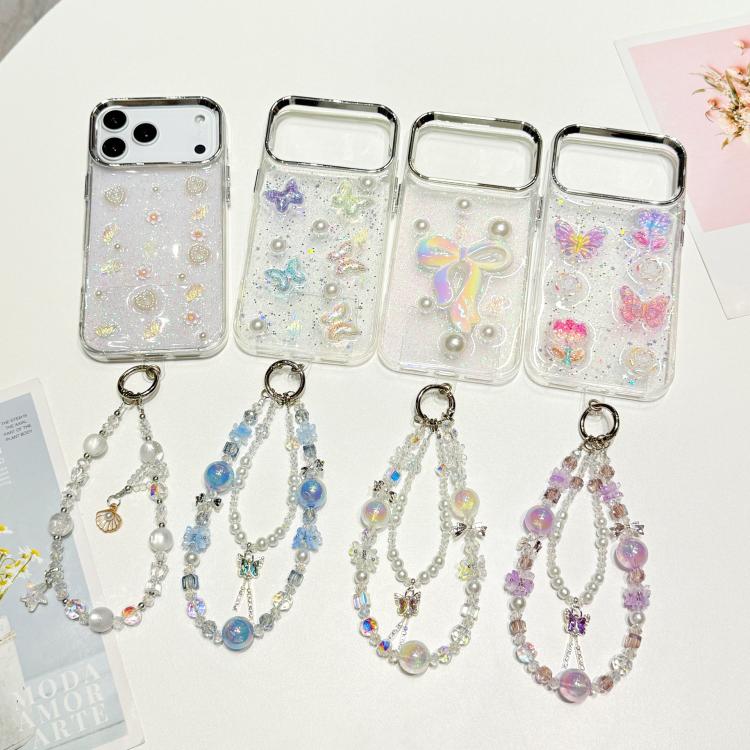For iPhone 15 Pro Max 3D Four-Butterfly Glitter Epoxy TPU Phone Case with Bracelet Chain