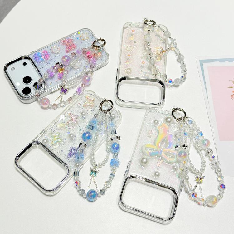 For iPhone 17 Pro Max 3D Four-Butterfly Glitter Epoxy TPU Phone Case with Bracelet Chain