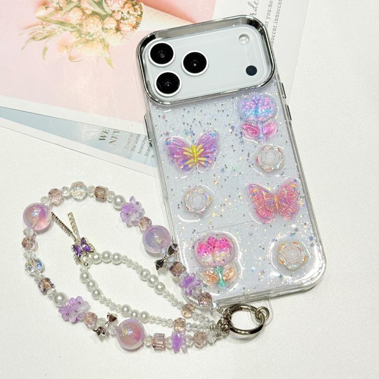 For iPhone 17 Pro Max 3D Four-Butterfly Glitter Epoxy TPU Phone Case with Bracelet Chain