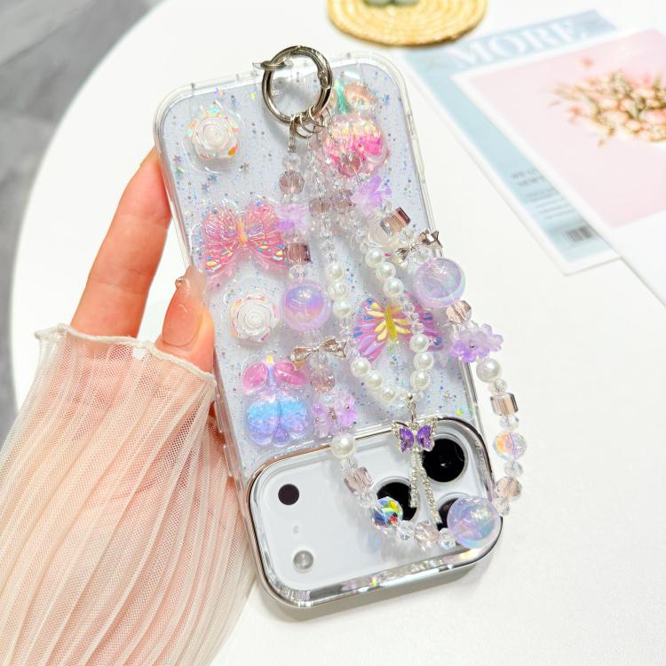 For iPhone 17 Pro Max 3D Four-Butterfly Glitter Epoxy TPU Phone Case with Bracelet Chain