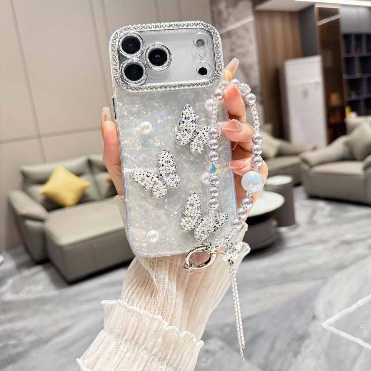 For iPhone 17 Pro Max Shell Texture 3D Pearl Butterfly Diamond Glitter Phone Case with Bracelet Chain