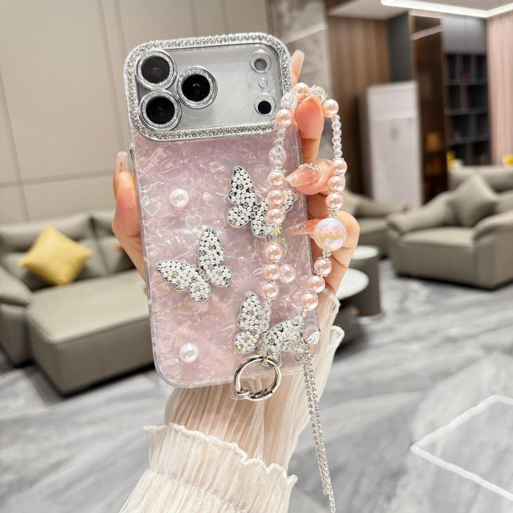 For iPhone 17 Pro Shell Texture 3D Pearl Butterfly Diamond Glitter Phone Case with Bracelet Chain