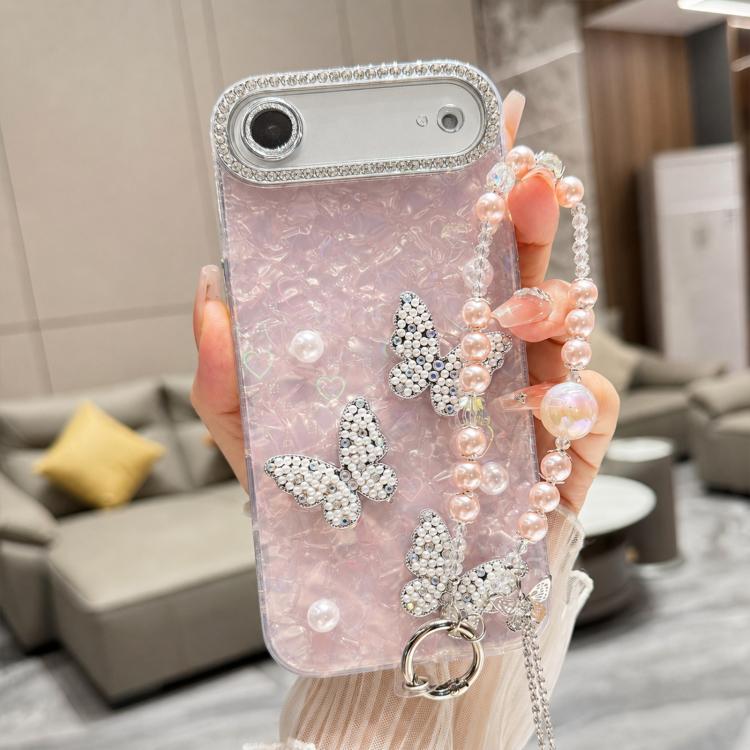 For iPhone Air Shell Texture 3D Pearl Butterfly Diamond Glitter Phone Case with Bracelet Chain