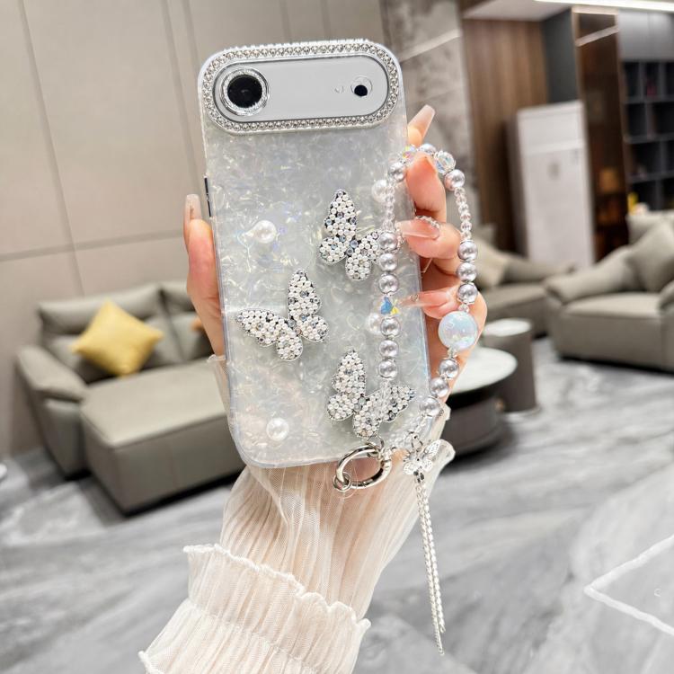 For iPhone Air Shell Texture 3D Pearl Butterfly Diamond Glitter Phone Case with Bracelet Chain