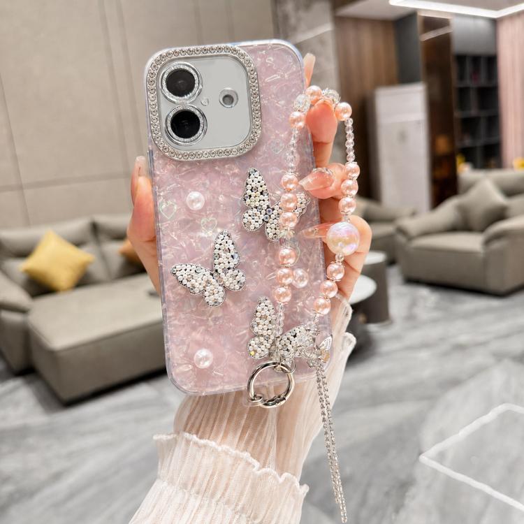 For iPhone 17 Shell Texture 3D Pearl Butterfly Diamond Glitter Phone Case with Bracelet Chain