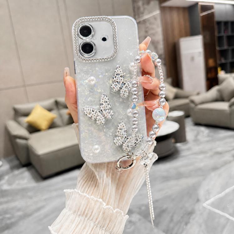 For iPhone 16 Shell Texture 3D Pearl Butterfly Diamond Glitter Phone Case with Bracelet Chain