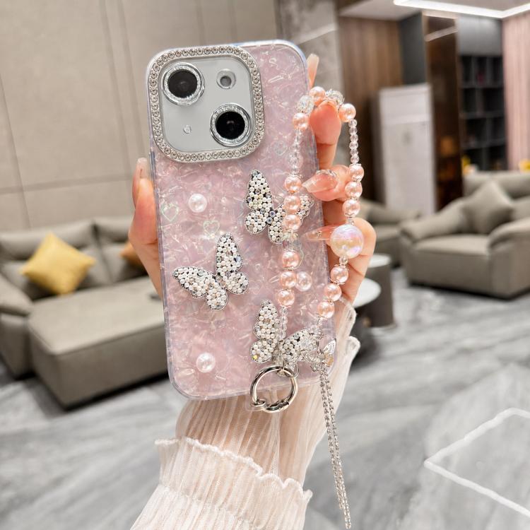 For iPhone 14 Plus Shell Texture 3D Pearl Butterfly Diamond Glitter Phone Case with Bracelet Chain