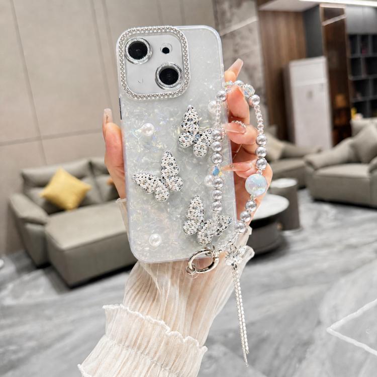 For iPhone 14 Plus Shell Texture 3D Pearl Butterfly Diamond Glitter Phone Case with Bracelet Chain