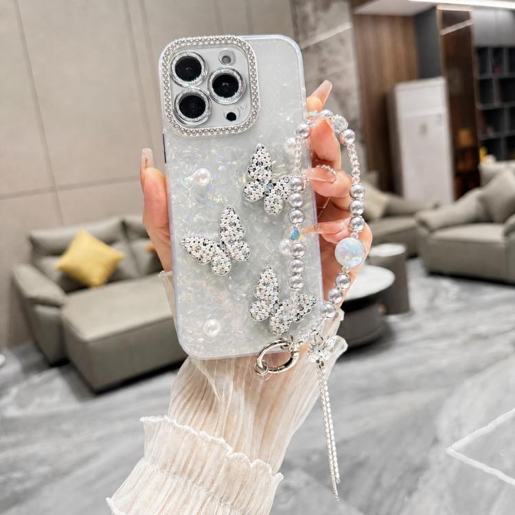 For iPhone 13 Pro Max Shell Texture 3D Pearl Butterfly Diamond Glitter Phone Case with Bracelet Chain