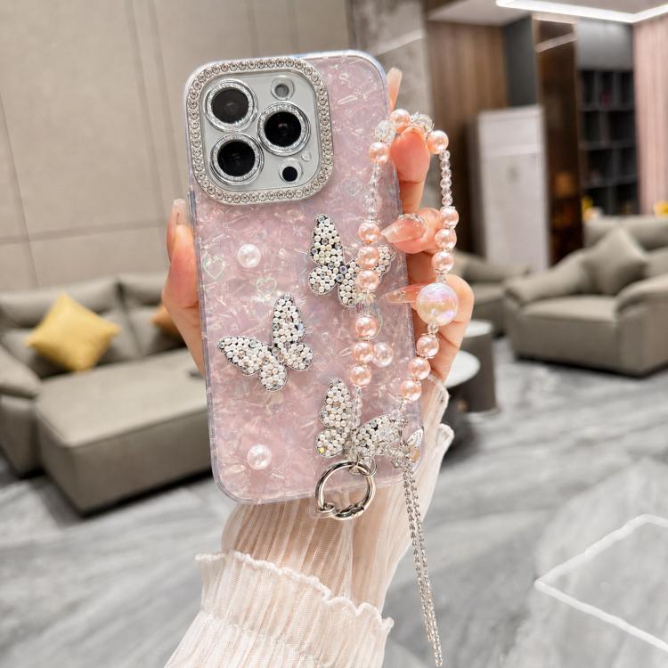 For iPhone 13 Pro Shell Texture 3D Pearl Butterfly Diamond Glitter Phone Case with Bracelet Chain