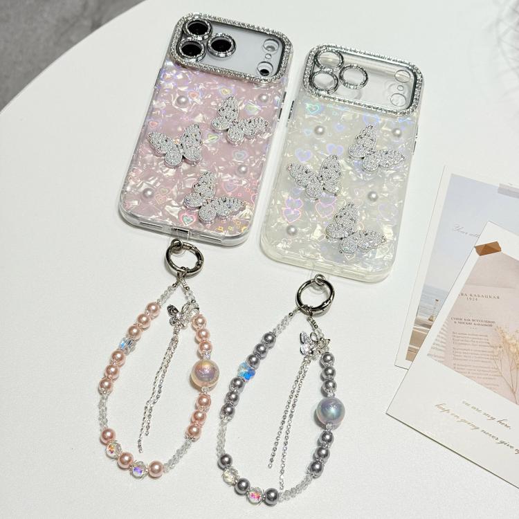 For iPhone 13 Shell Texture 3D Pearl Butterfly Diamond Glitter Phone Case with Bracelet Chain