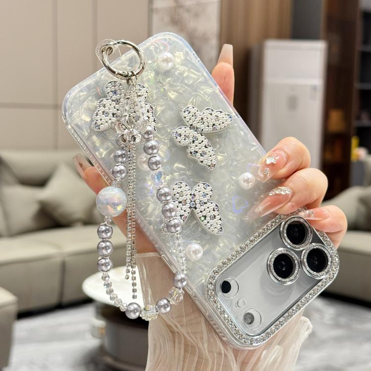 For iPhone 15 Pro Shell Texture 3D Pearl Butterfly Diamond Glitter Phone Case with Bracelet Chain