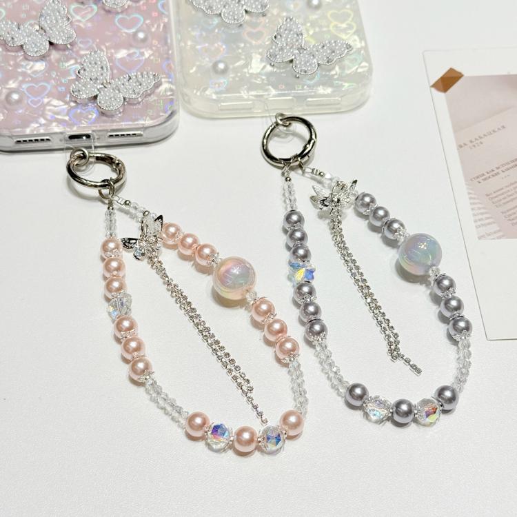 For iPhone 15 Pro Max Shell Texture 3D Pearl Butterfly Diamond Glitter Phone Case with Bracelet Chain