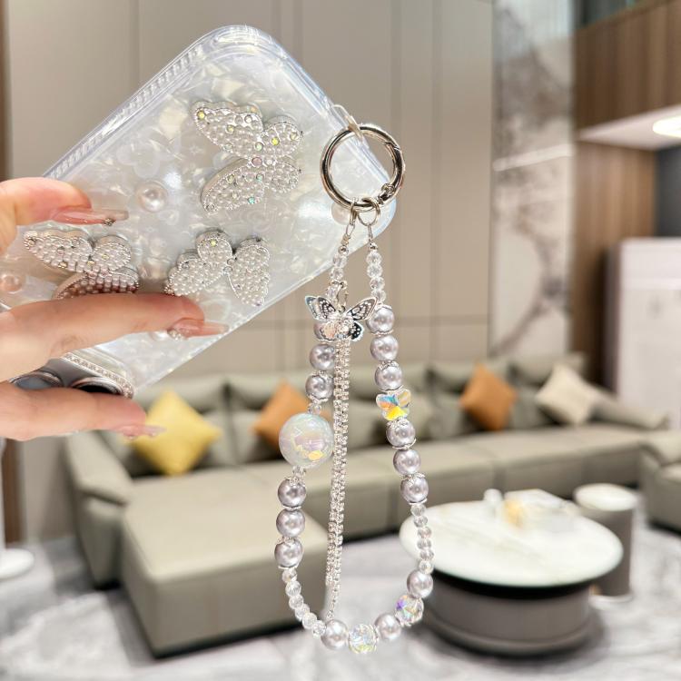 For iPhone 14 Pro Max Shell Texture 3D Pearl Butterfly Diamond Glitter Phone Case with Bracelet Chain