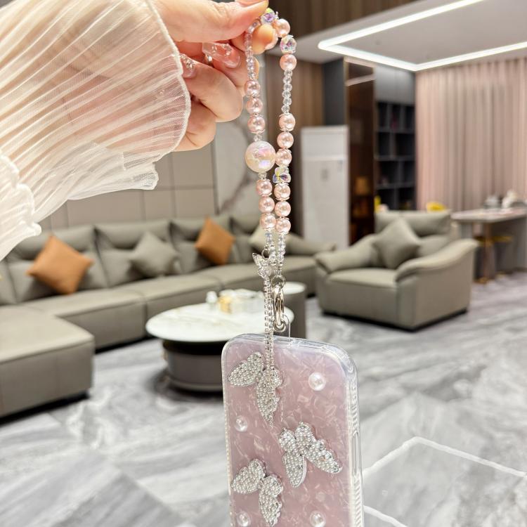 For iPhone Air Shell Texture 3D Pearl Butterfly Diamond Glitter Phone Case with Bracelet Chain