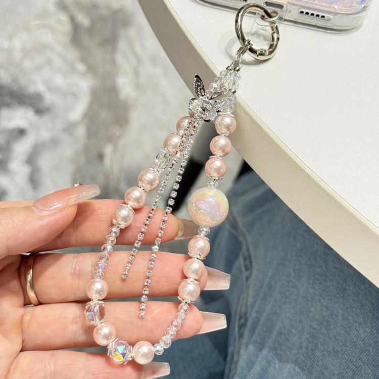 For iPhone 15 Shell Texture 3D Pearl Butterfly Diamond Glitter Phone Case with Bracelet Chain
