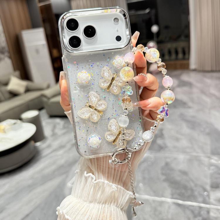 For iPhone 17 Pro Max Glitter 3D Butterfly Glitter Epoxy TPU Phone Case with Bracelet Chain