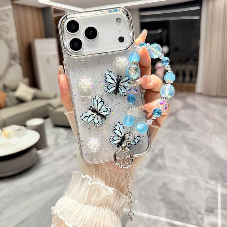 For iPhone 17 Pro Max Glitter 3D Butterfly Glitter Epoxy TPU Phone Case with Bracelet Chain