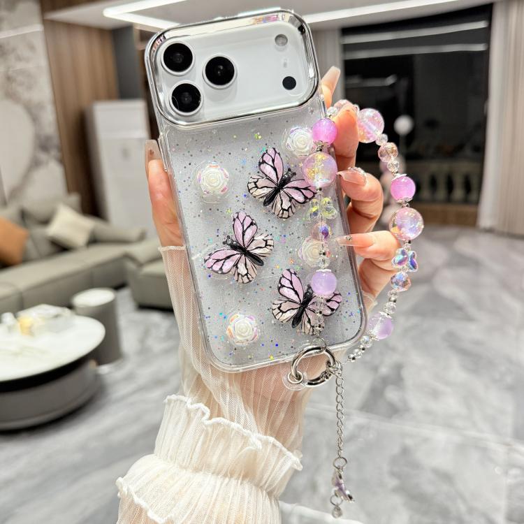 For iPhone 17 Pro Glitter 3D Butterfly Glitter Epoxy TPU Phone Case with Bracelet Chain