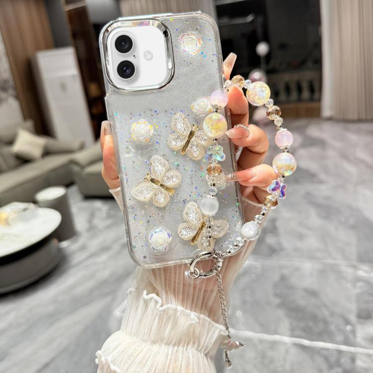 For iPhone 16 Glitter 3D Butterfly Glitter Epoxy TPU Phone Case with Bracelet Chain