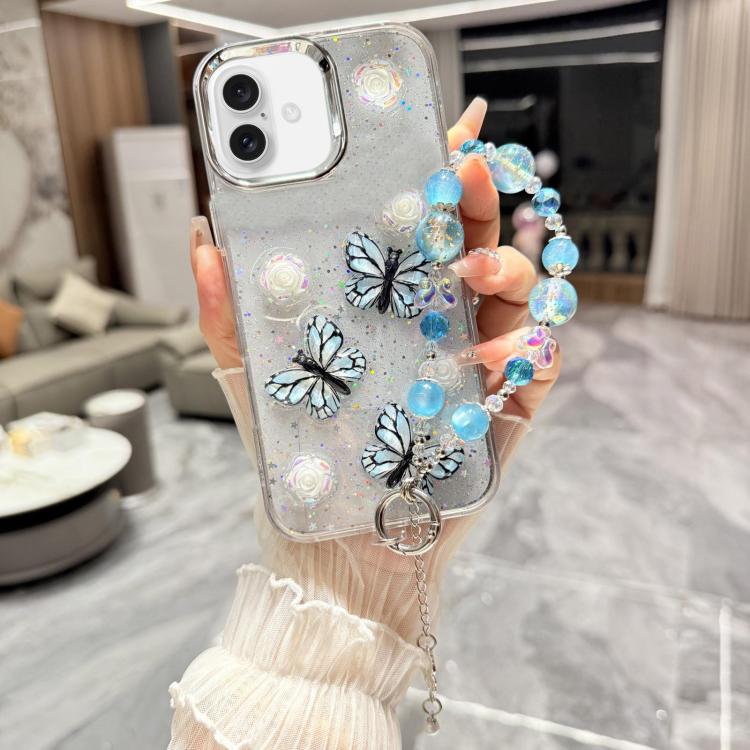 For iPhone 16 Glitter 3D Butterfly Glitter Epoxy TPU Phone Case with Bracelet Chain