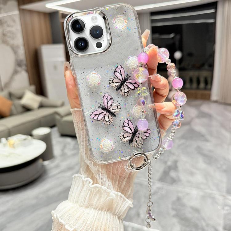 For iPhone 15 Pro Glitter 3D Butterfly Glitter Epoxy TPU Phone Case with Bracelet Chain
